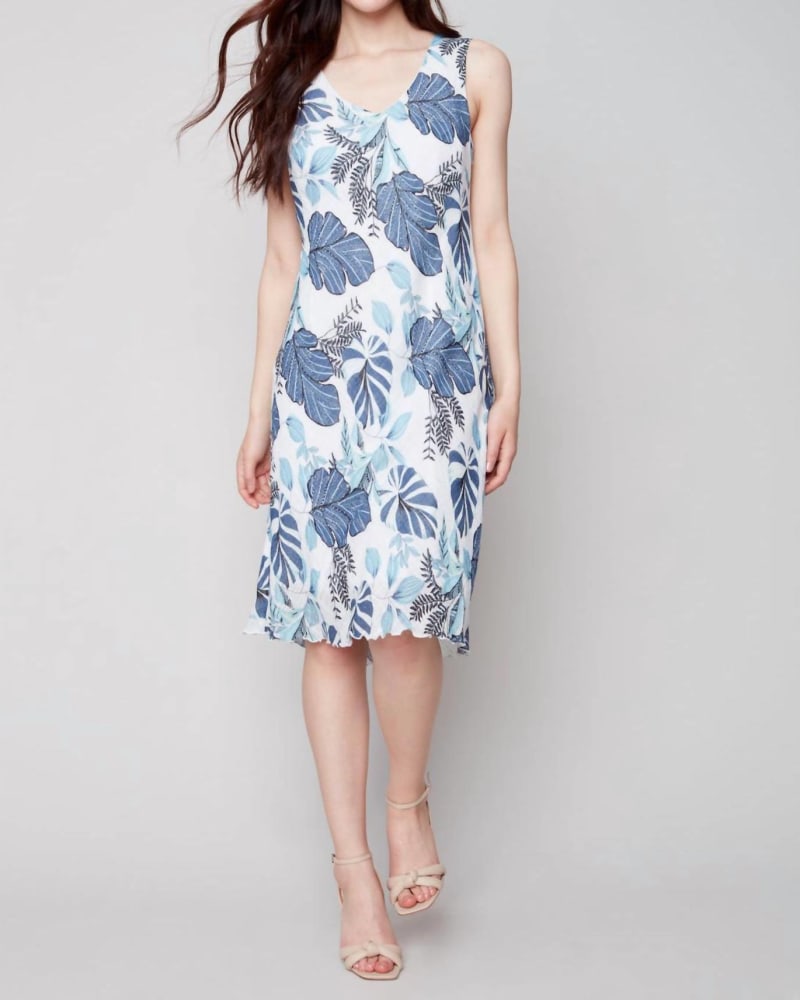 Front of a model wearing a size L Printed Cotton Gauze Dress in Waterlily in Waterlily by CHARLIE B. | dia_product_style_image_id:335956